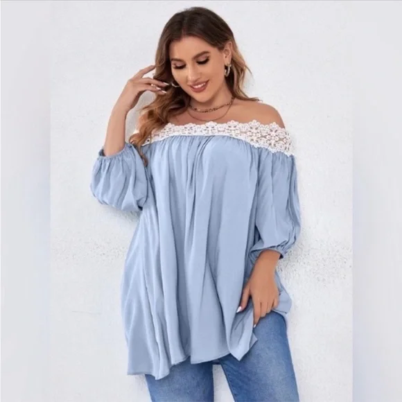 Blue and White Off-Shoulder 3/4 Sleeve Blouse - Picture 2 of 4